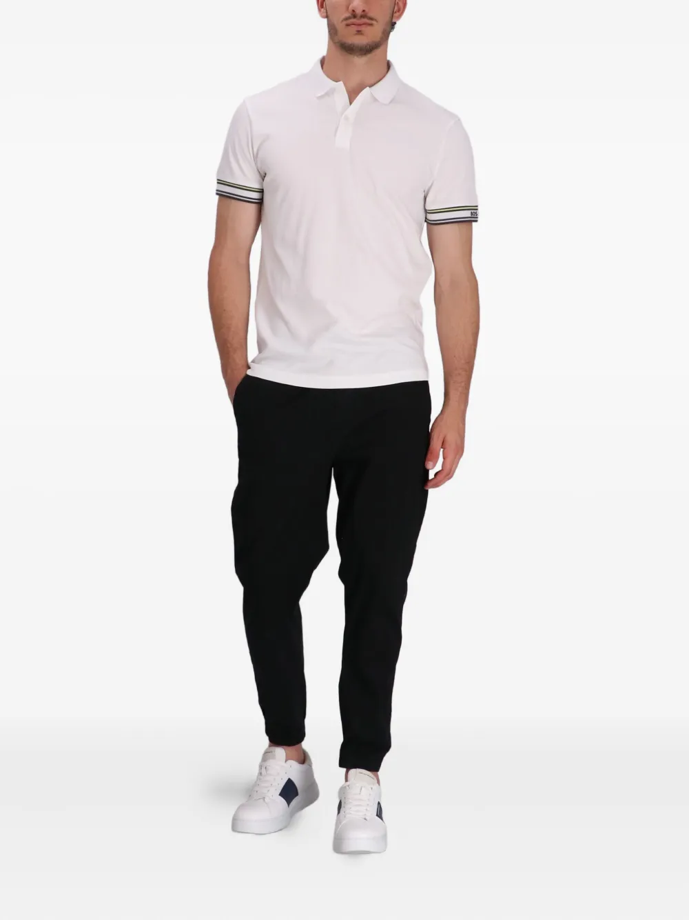 BOSS Poloshirt met gestreepte cuffs Wit