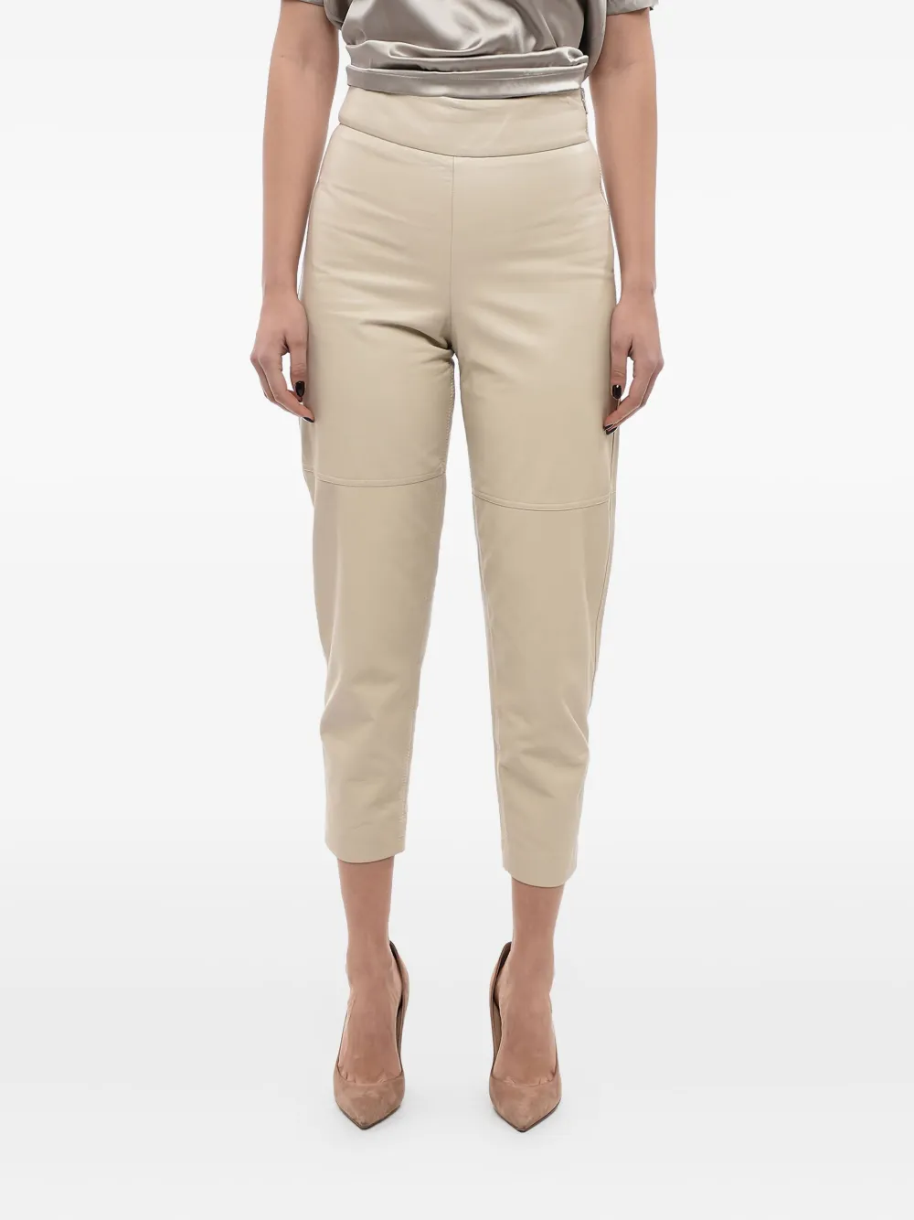 Brunello Cucinelli Leren broek met rits aan de zijkant Beige