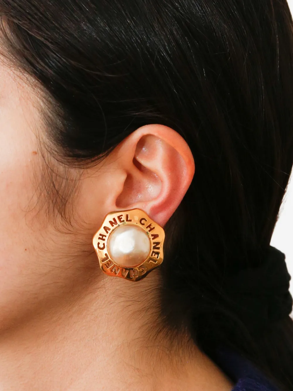 1980s Pearl-Embellished Round-Logo Earrings