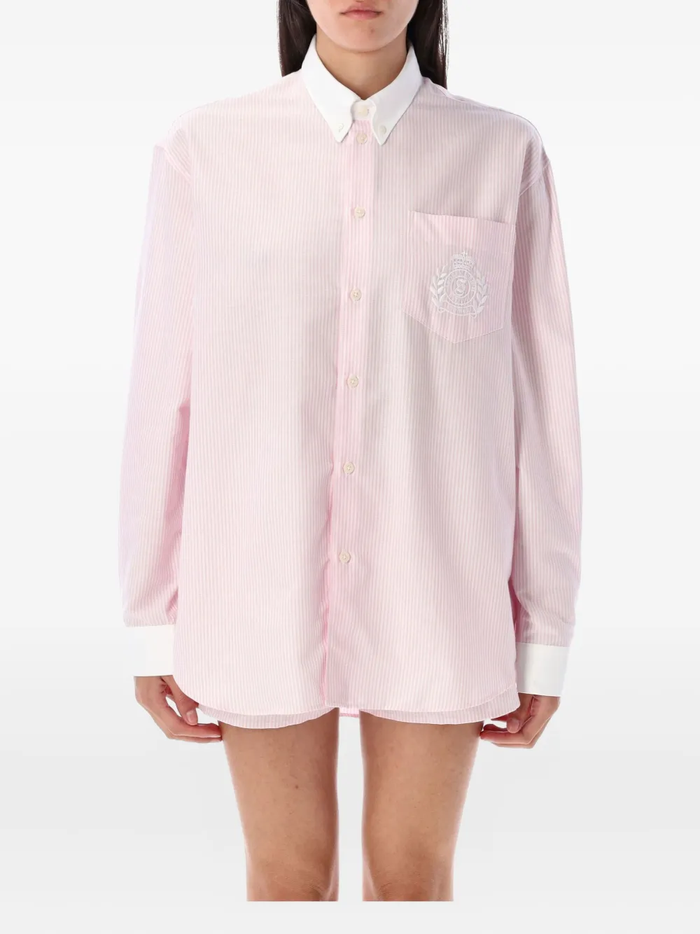 Sporty & Rich crest-embroidered striped shirt Roze