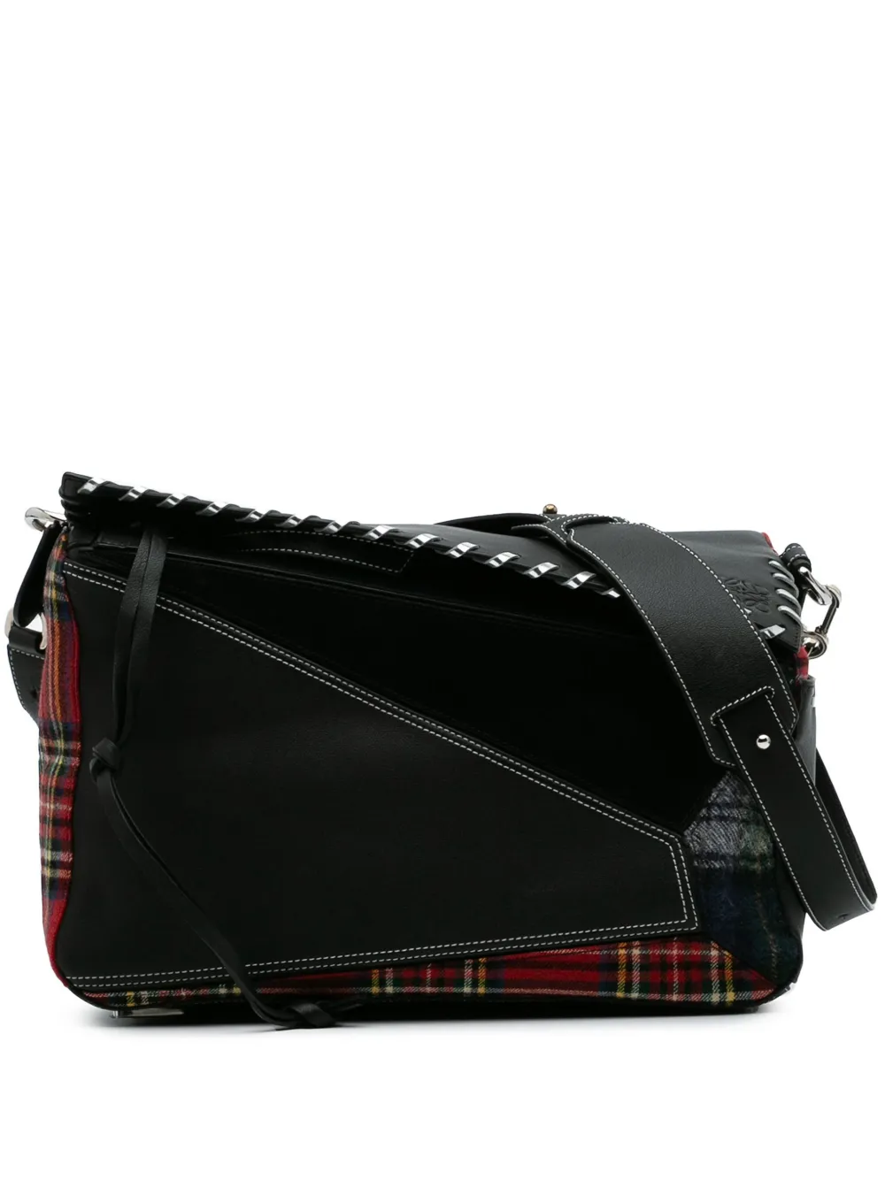 Loewe Pre-Owned 2017 XL Leather and Wool Tartan Puzzle crossbody bag | Black | Image 1
