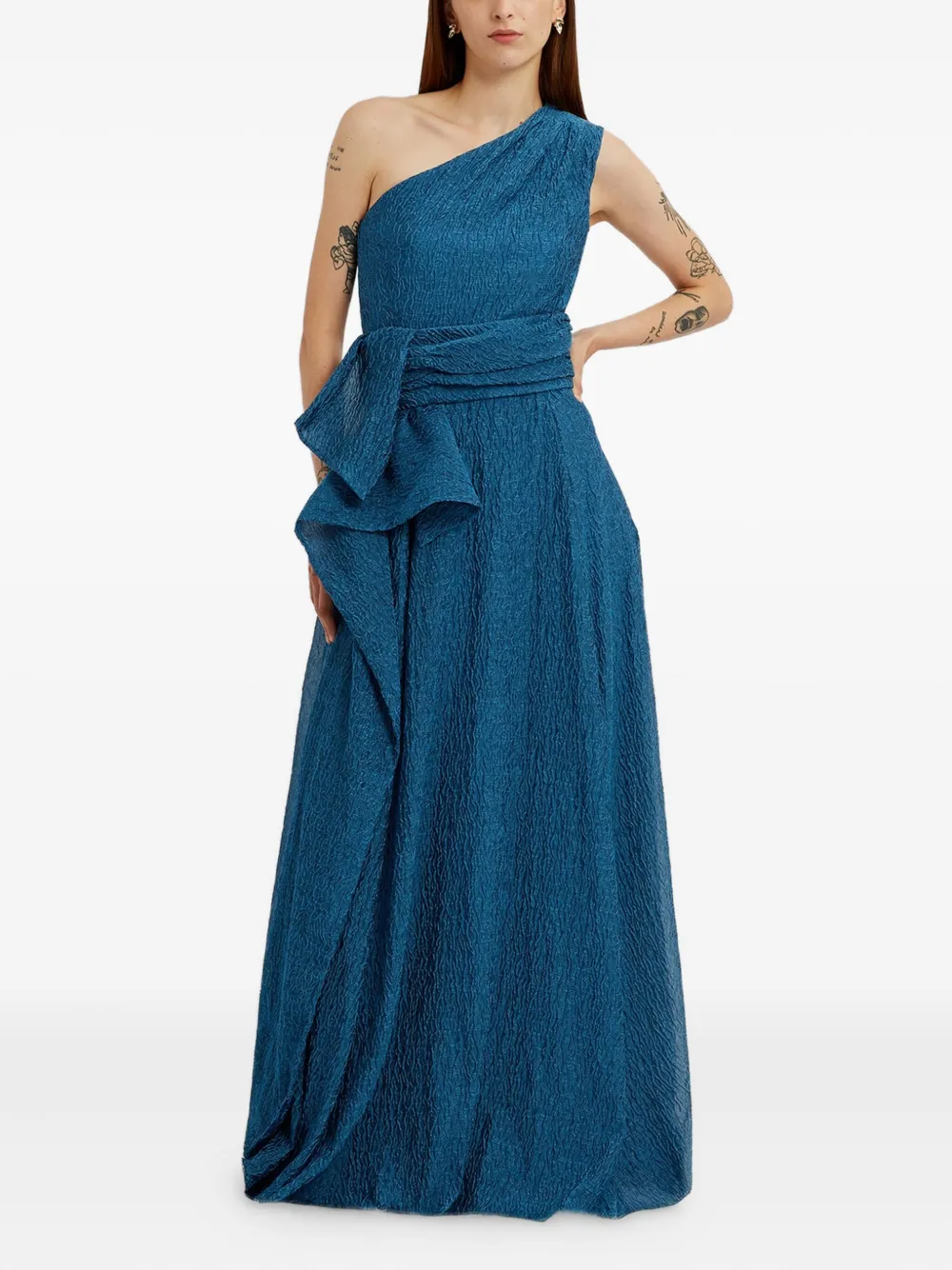 Erdem One-shoulder Crinkled Gown In Blue