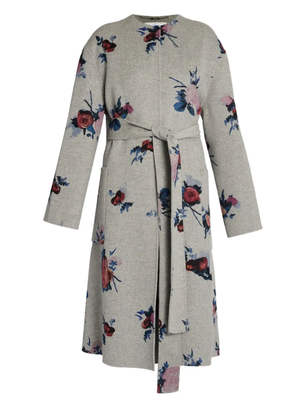 ERDEM Wollen jas met bloemenprint en ceintuur Grijs