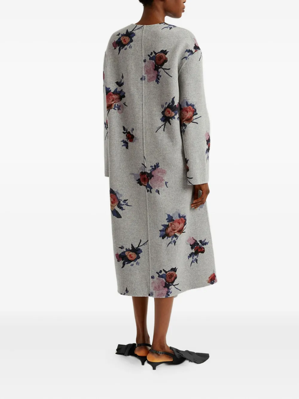 ERDEM Wollen jas met bloemenprint en ceintuur Grijs