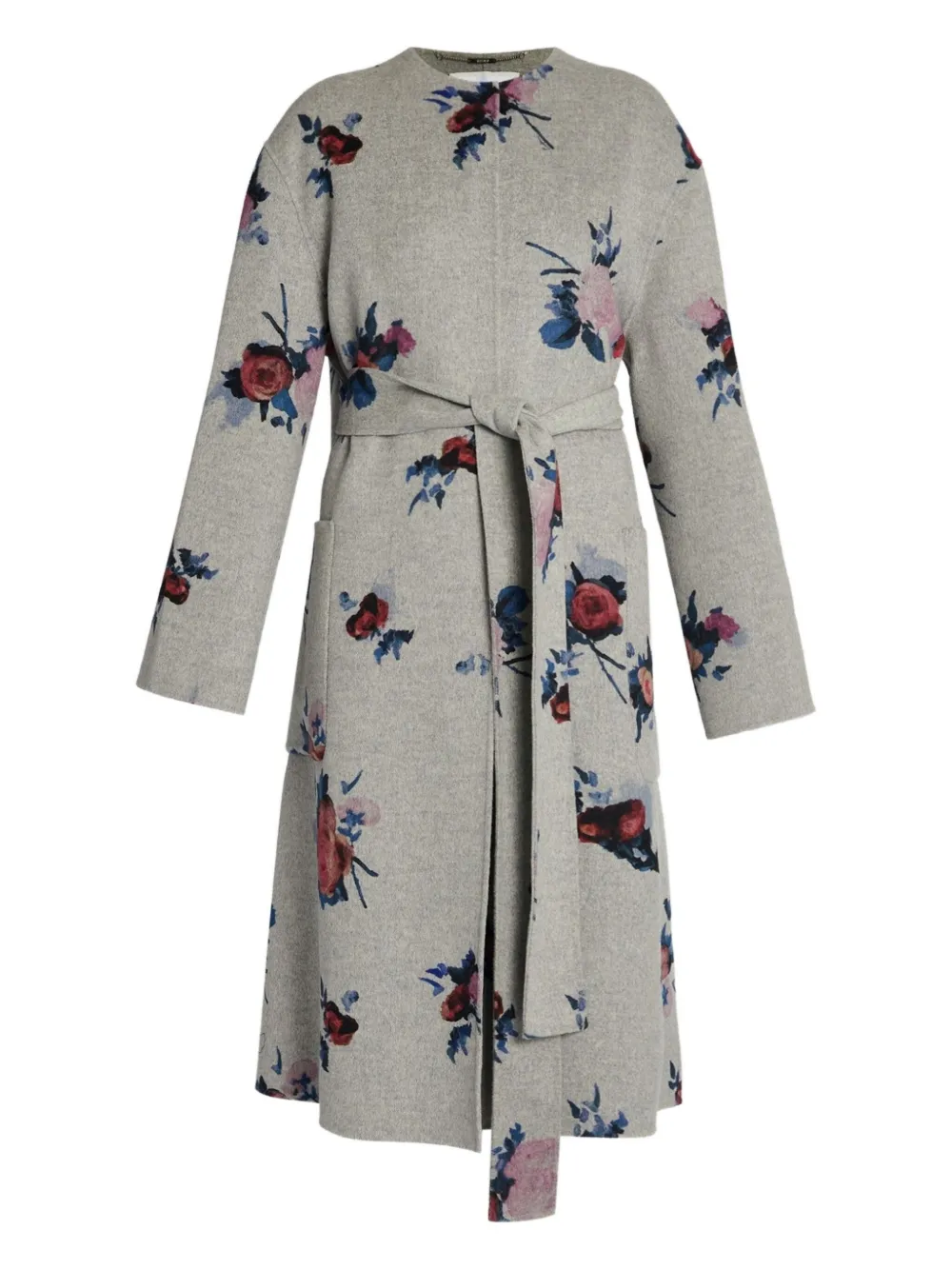 ERDEM Wollen jas met bloemenprint en ceintuur Grijs