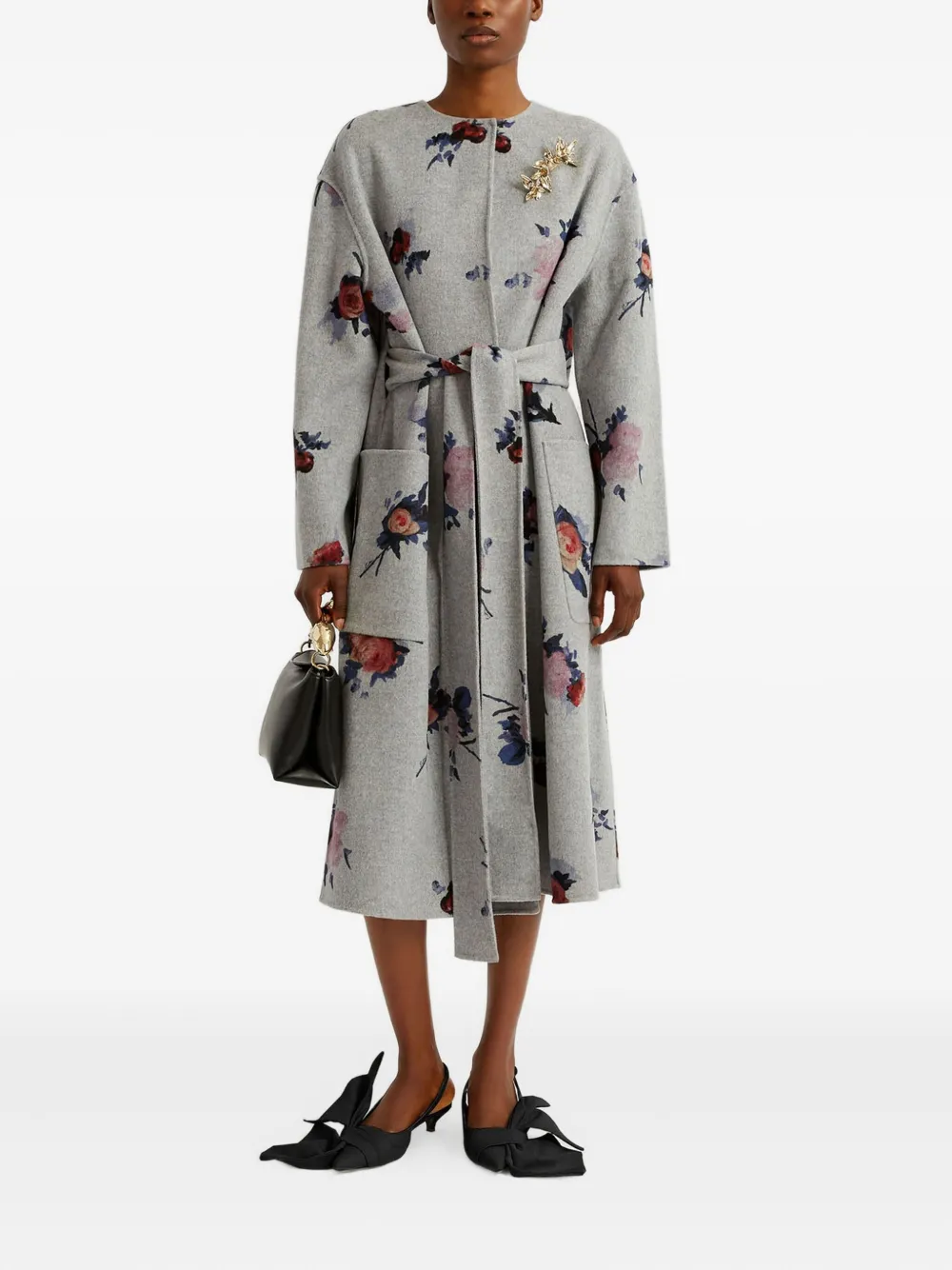ERDEM Wollen jas met bloemenprint en ceintuur Grijs