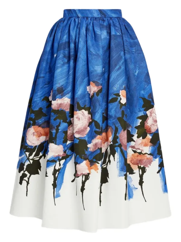 Erdem Floral Gathered Midi Skirt in Blue
