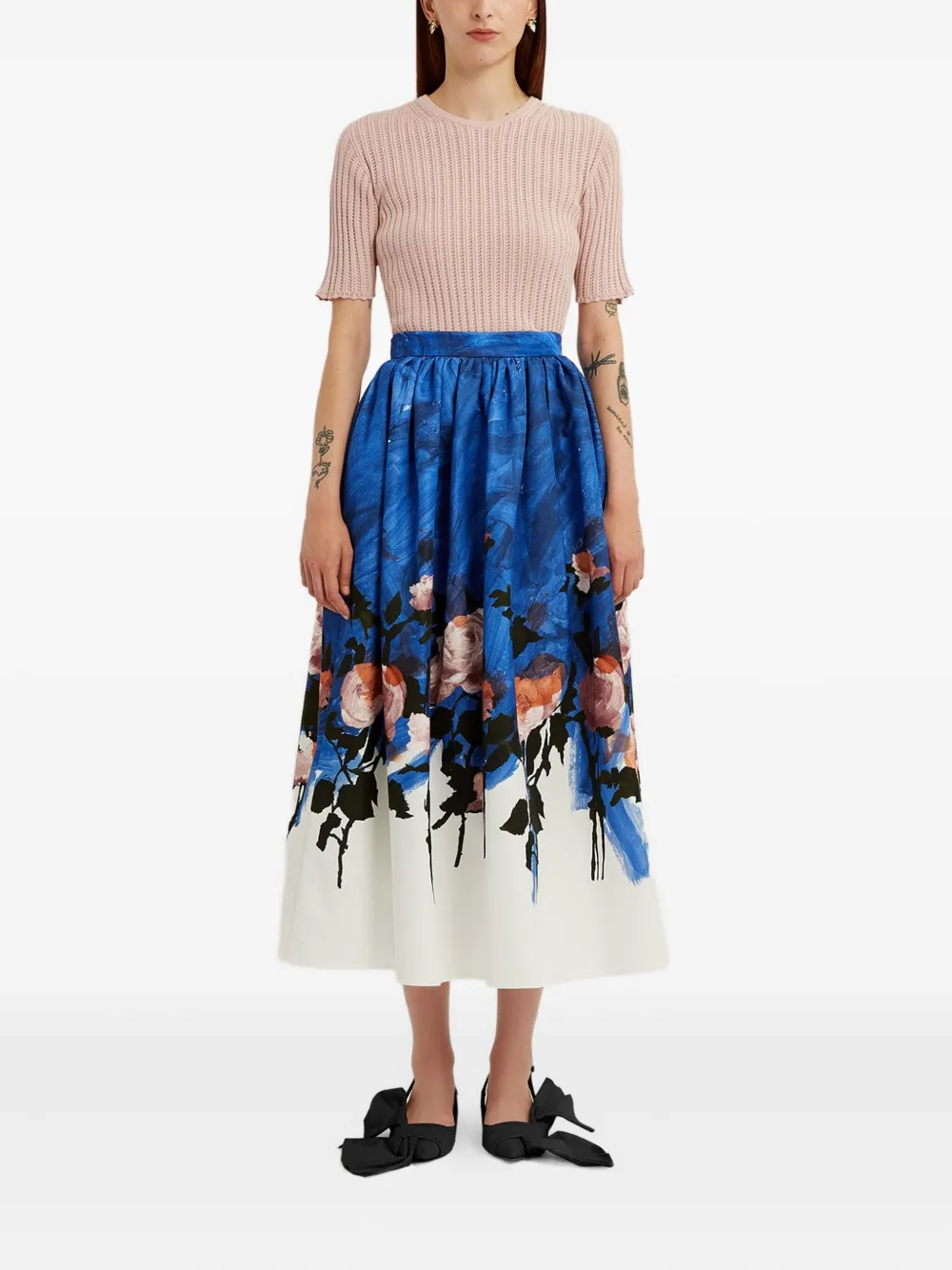 ERDEM Gesmockte midi-rok met bloemen Blauw