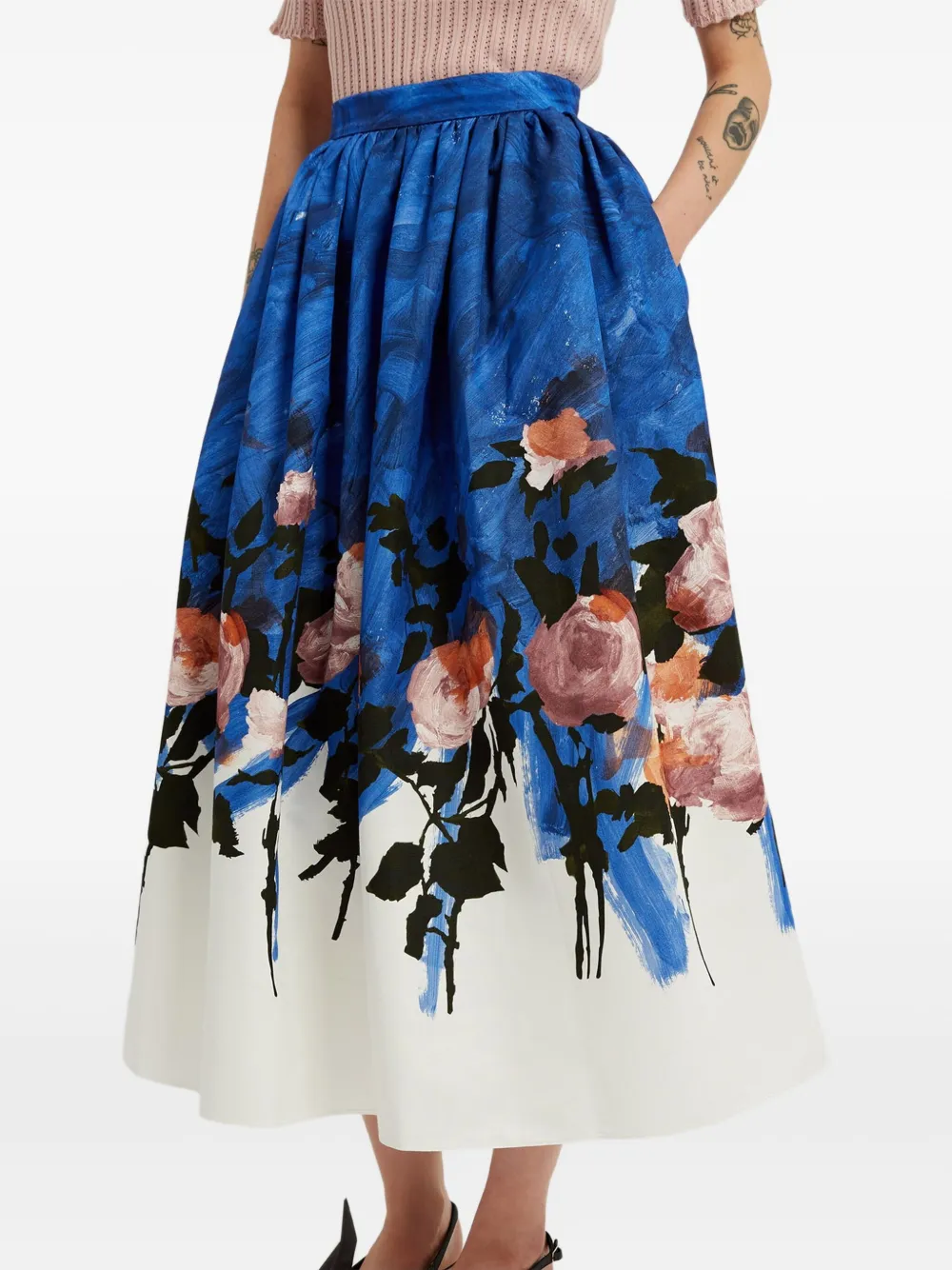 ERDEM Gesmockte midi-rok met bloemen Blauw