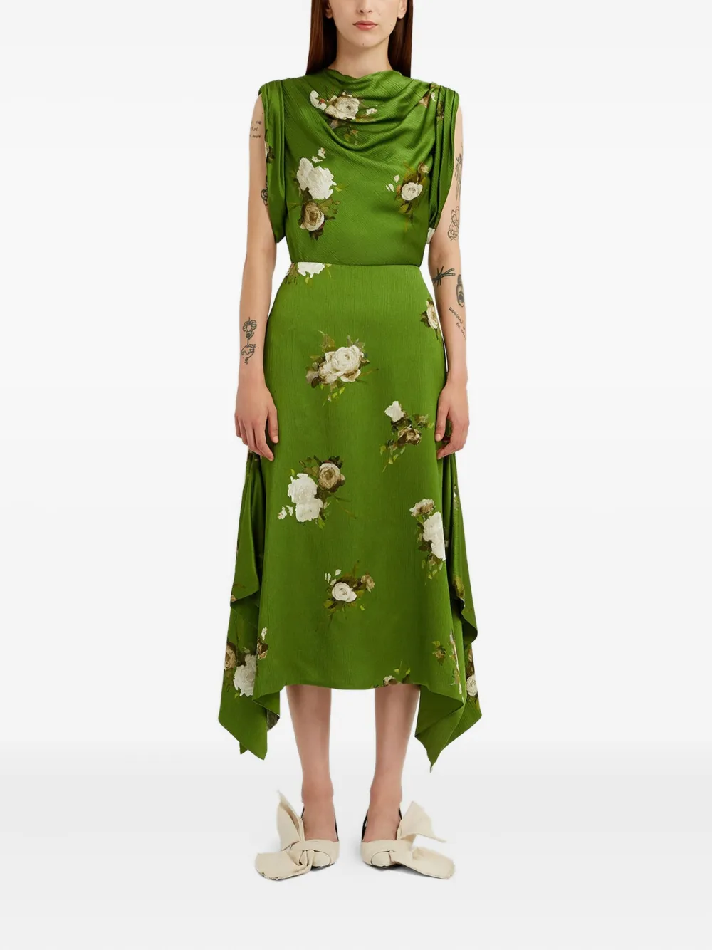 ERDEM Top met col en roosprint Groen