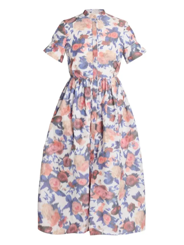 ERDEM floral-print short-sleeve Midi Dress | Blue | FARFETCH ID