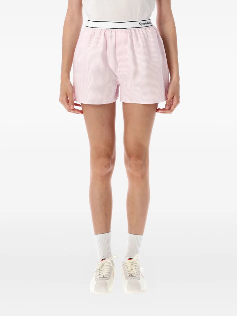 Sporty & Rich Serif Logo Oxford Boxer stripe-pattern shorts Roze