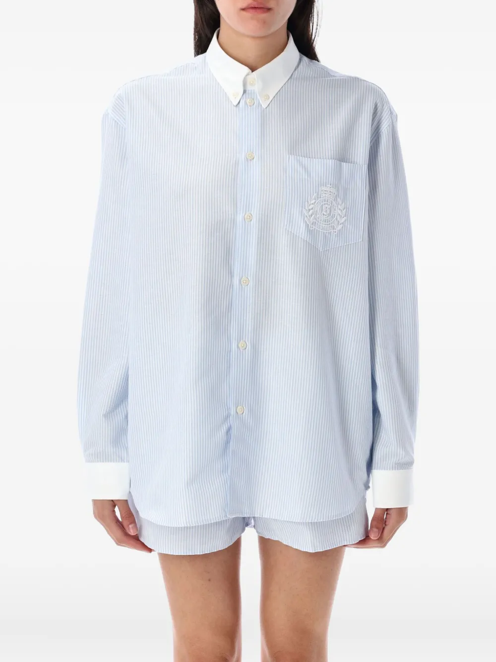 Sporty & Rich stripe-pattern embroidered-logo shirt Blauw