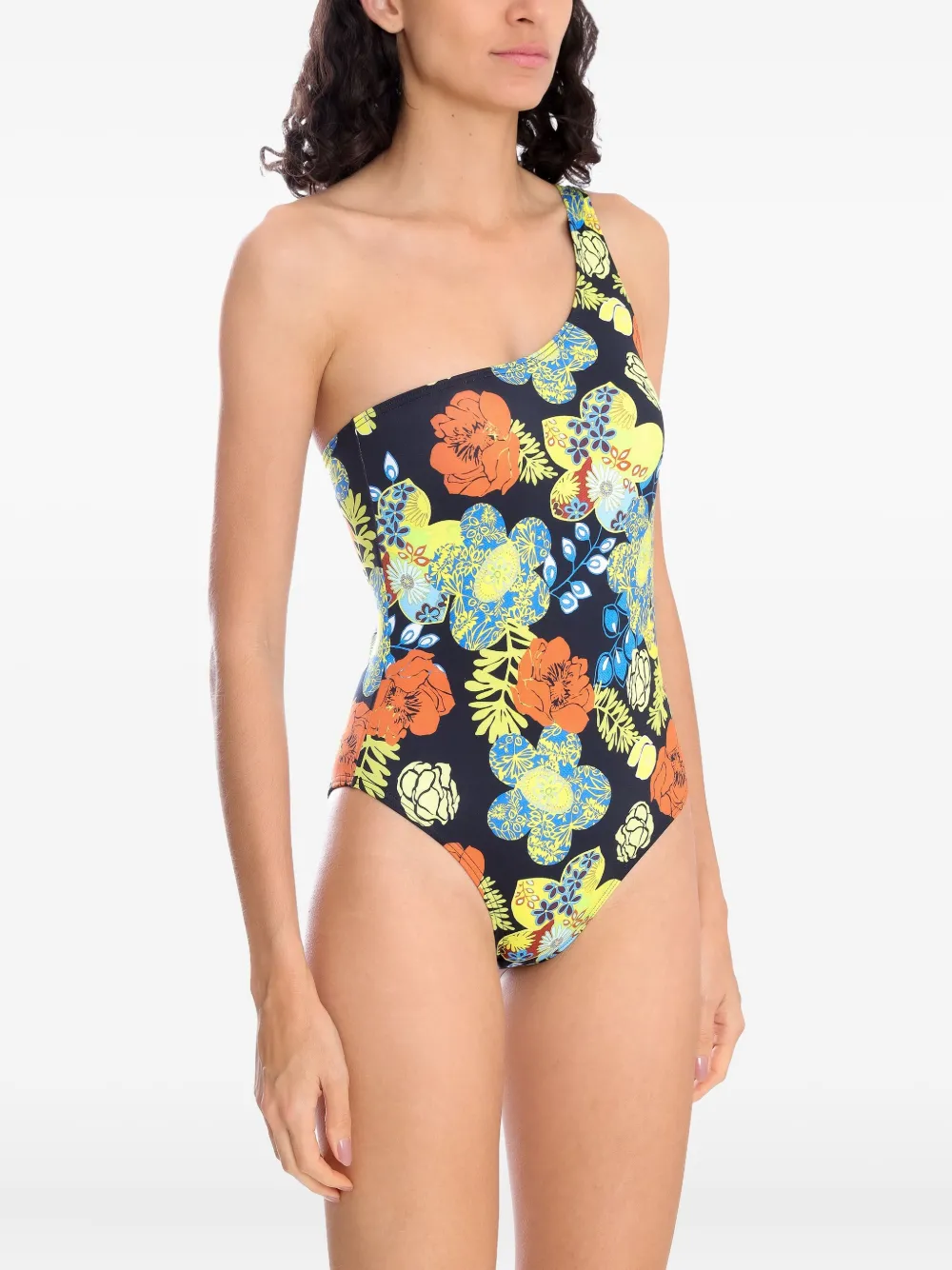 Amir Slama one-shoulder floral swimsuit Zwart