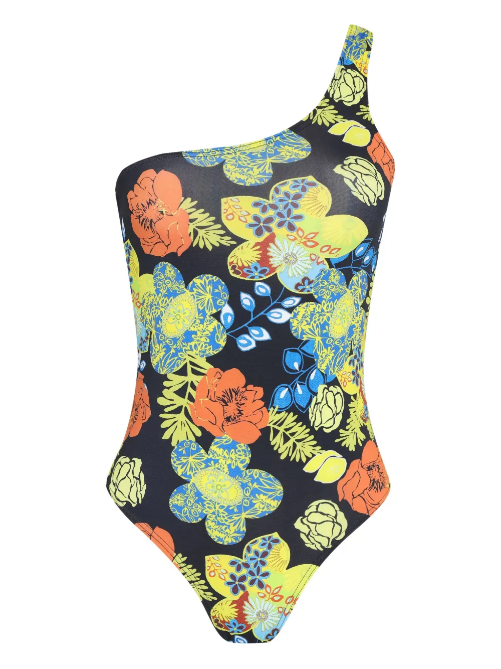 Amir Slama one-shoulder floral swimsuit Zwart