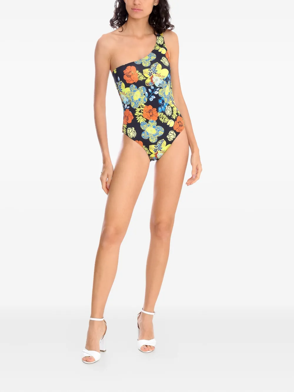 Amir Slama one-shoulder floral swimsuit Zwart