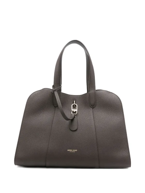 Giorgio Armani Grained Leather Clasp Tote Bag in Brown