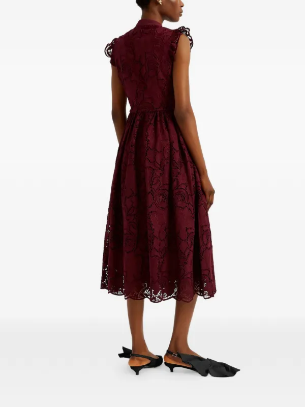 Erdem Ruffled Lace Midi Dress - Red