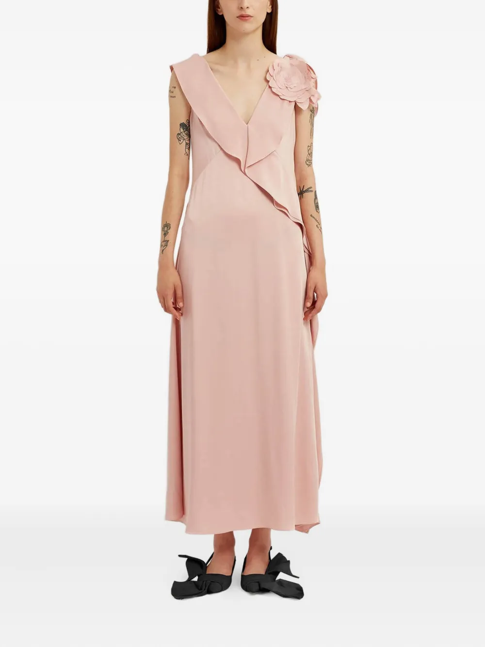 ERDEM Midi-jurk verfraaid met bloemen en ruches Roze