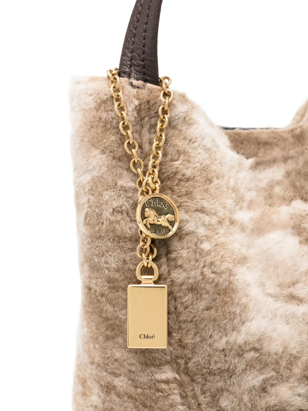 Chloé Spin Embellished Leather-trimmed Shearling Tote In Gray