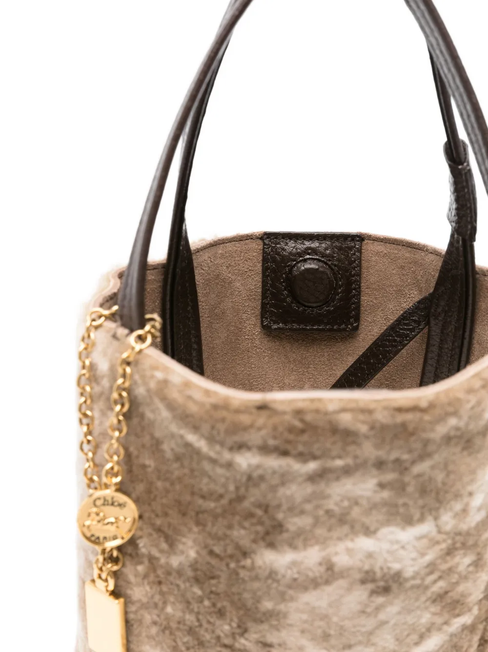 Chloé Spin Embellished Leather-trimmed Shearling Tote In Gray