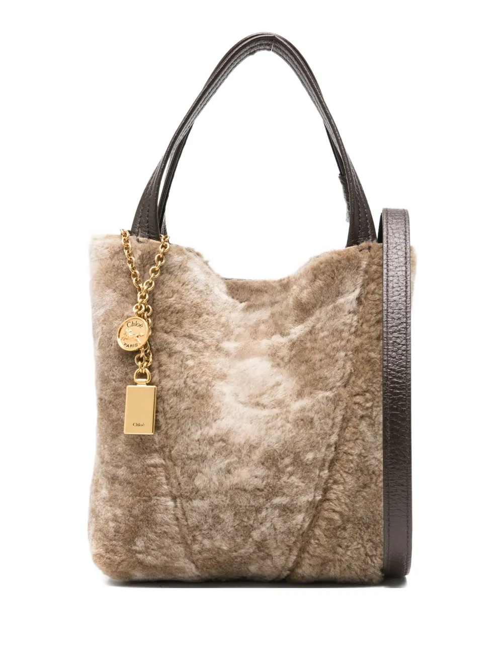 Chloé Spin Embellished Leather-trimmed Shearling Tote In Gray