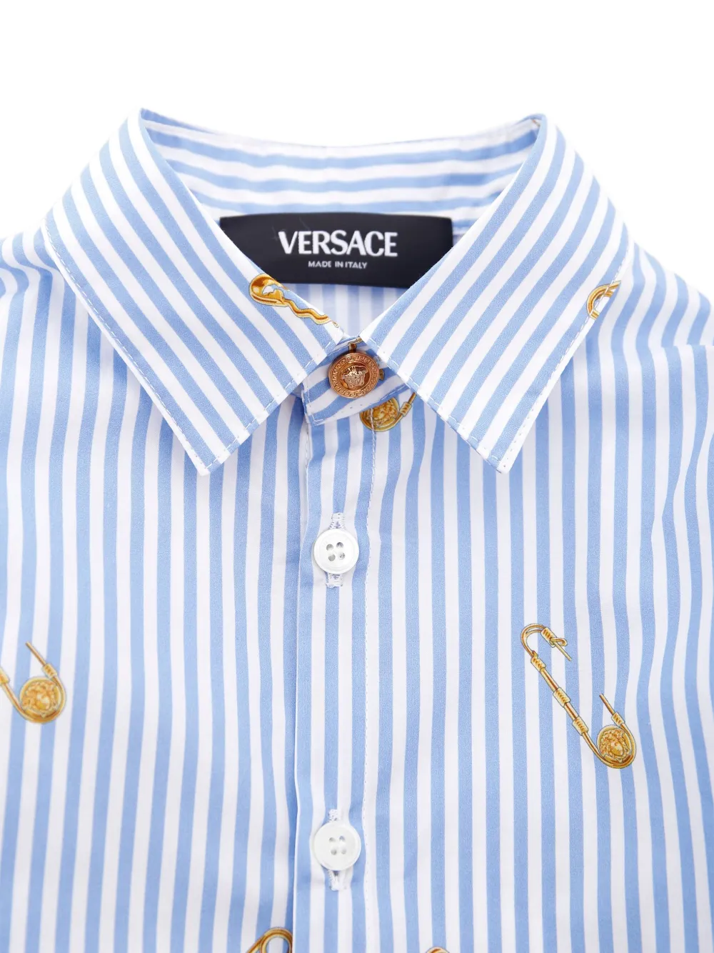 Versace Kids Gestreept shirt met veiligheidsspeld Blauw