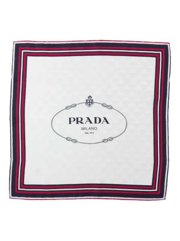 【大注目ギフト】PRADA◆シルクツイル ジャカード スカーフ ロゴ オフホワイト/ブルー プリントシルクツイルジャカードスカーフ