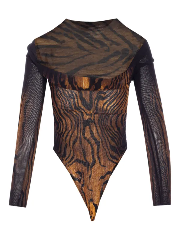 インナー・ルームウェアその他 JeanPaul GAULTIER Printed mesh bodysuit Jean Paul Gaultier: Black Mesh Double Layer Printed Wood