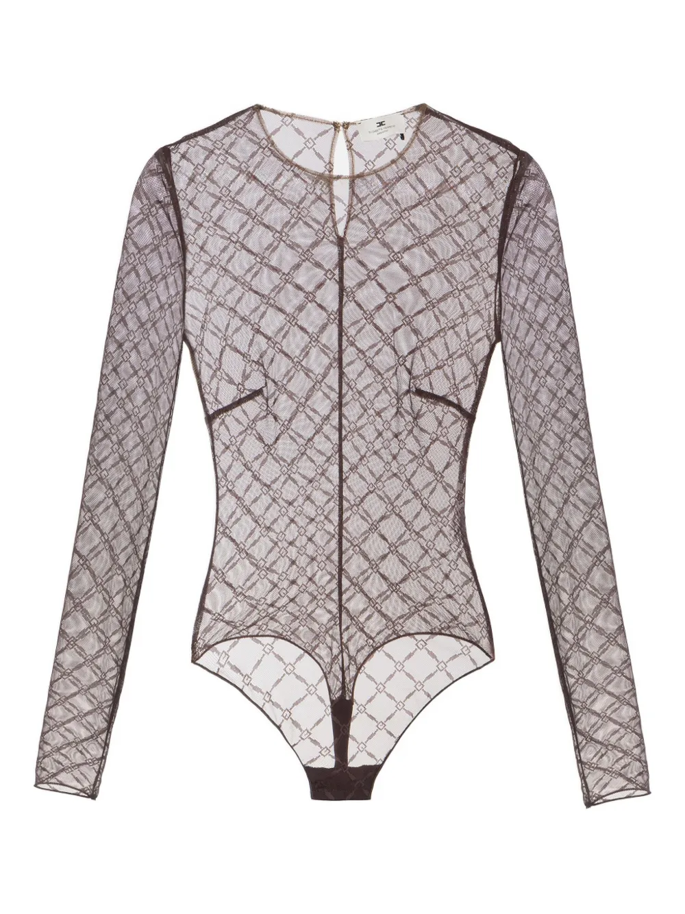 Elisabetta Franchi Bodysuit In Jacquard Tulle Fabric With Diamonds In Brown