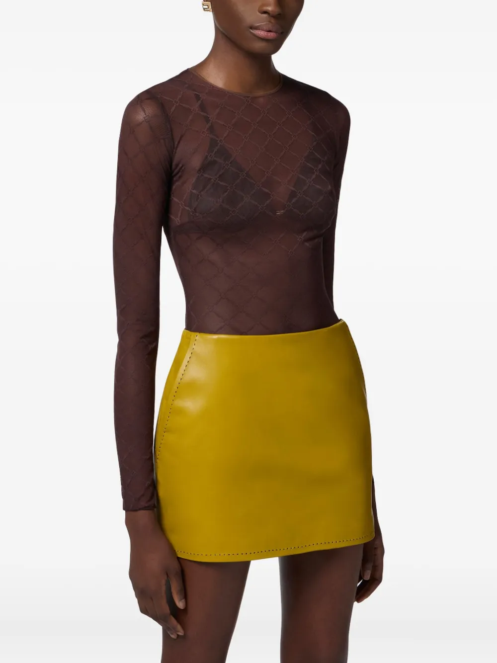 Elisabetta Franchi Bodysuit In Jacquard Tulle Fabric With Diamonds In Brown