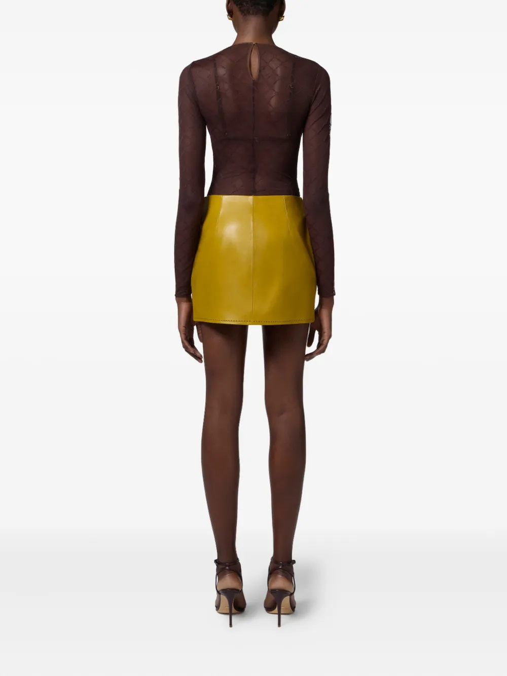 Elisabetta Franchi Bodysuit In Jacquard Tulle Fabric With Diamonds In Brown