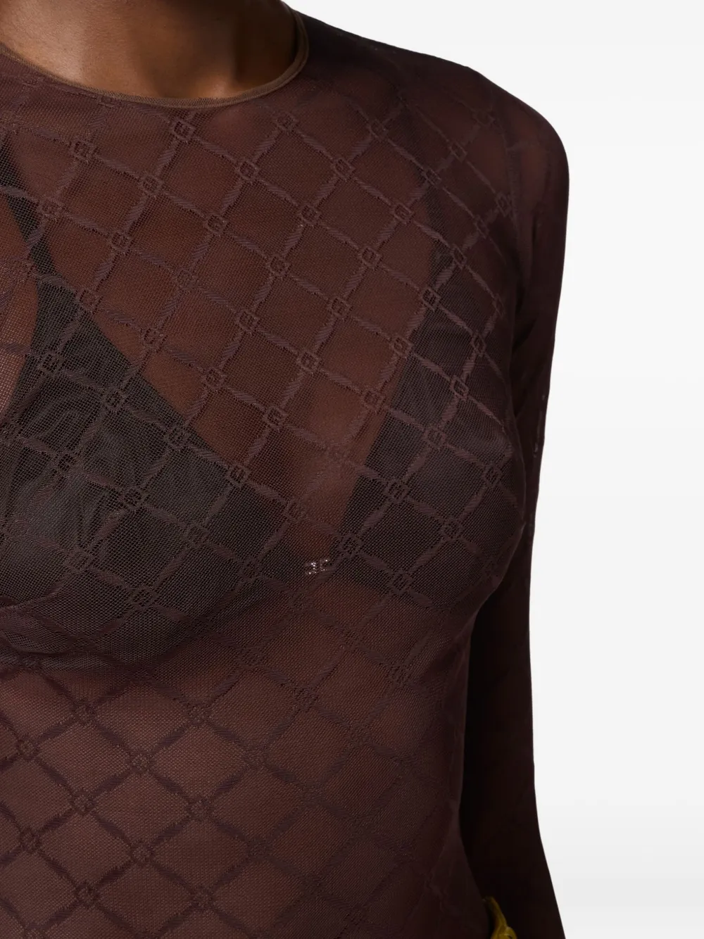 Elisabetta Franchi Bodysuit In Jacquard Tulle Fabric With Diamonds In Brown