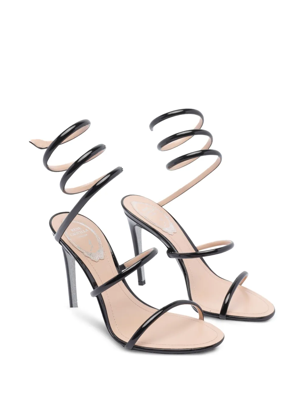 René Caovilla Cleo spiral-wrap patent-leather sandals Black