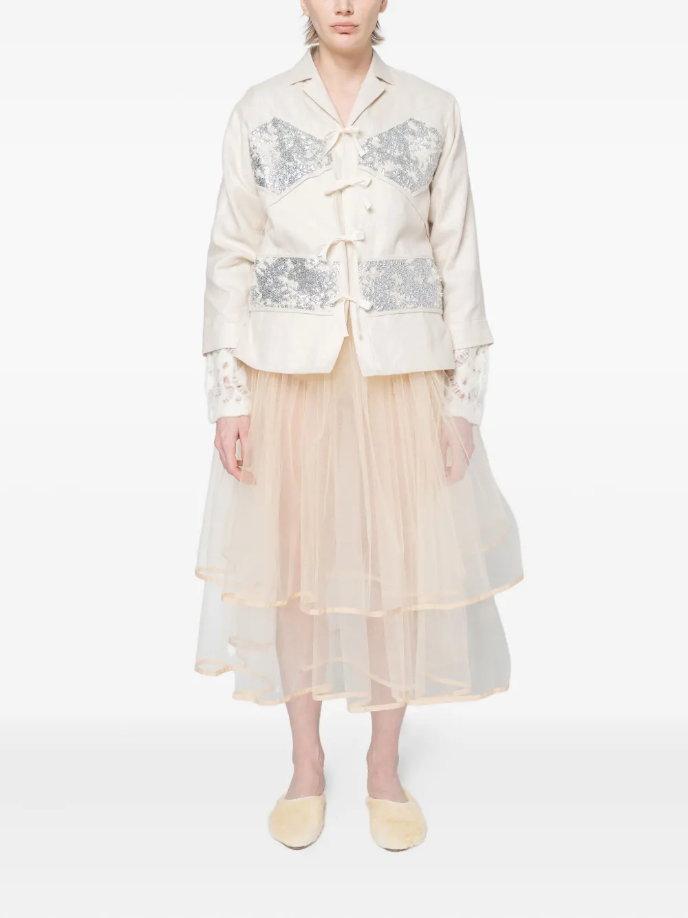 Muller Of Yoshiokubo Blouse verfraaid met pailletten en gestrikte voorkant - Beige