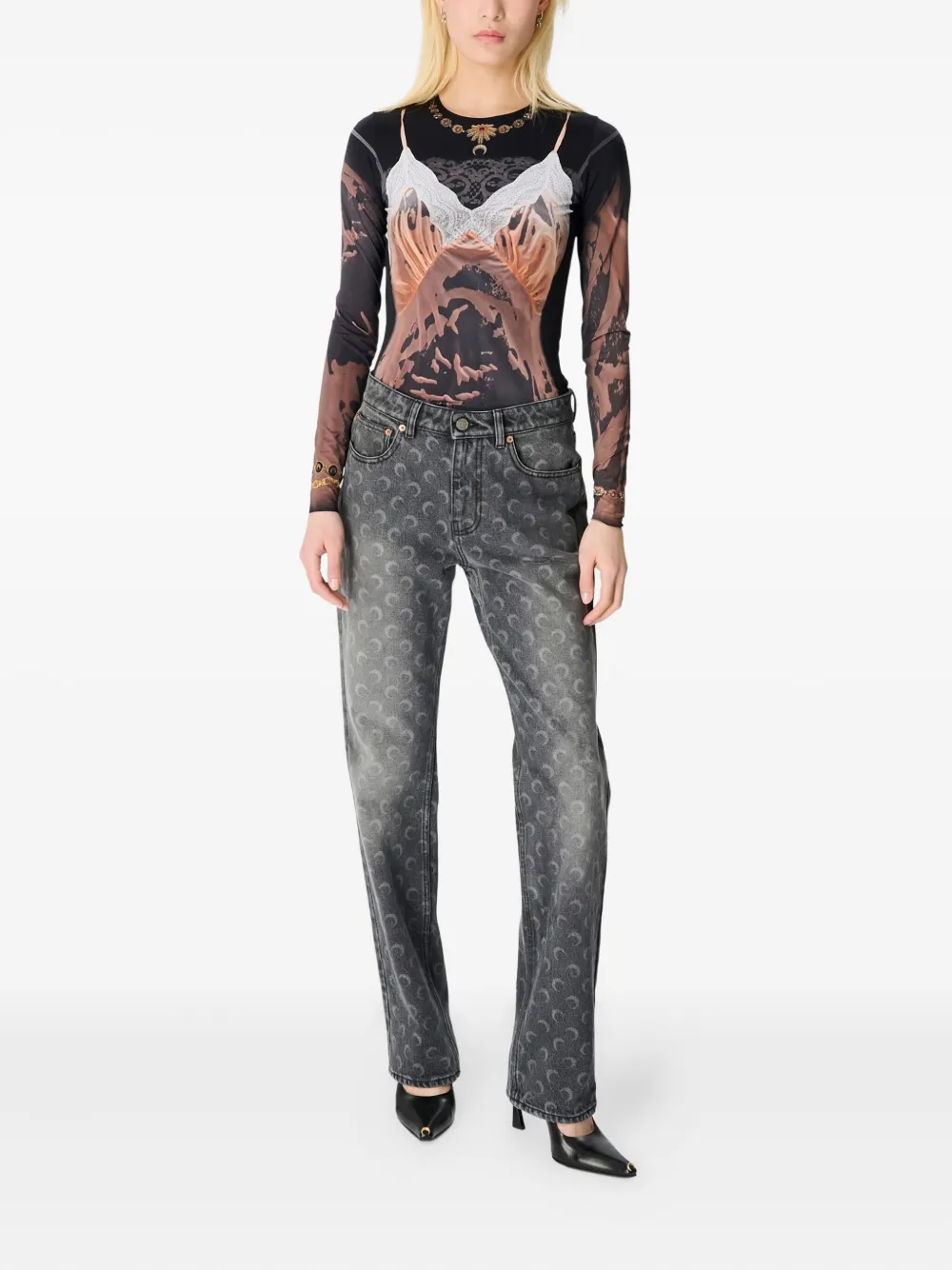 Marine Serre Straight jeans met wassing en maanprint - Grijs
