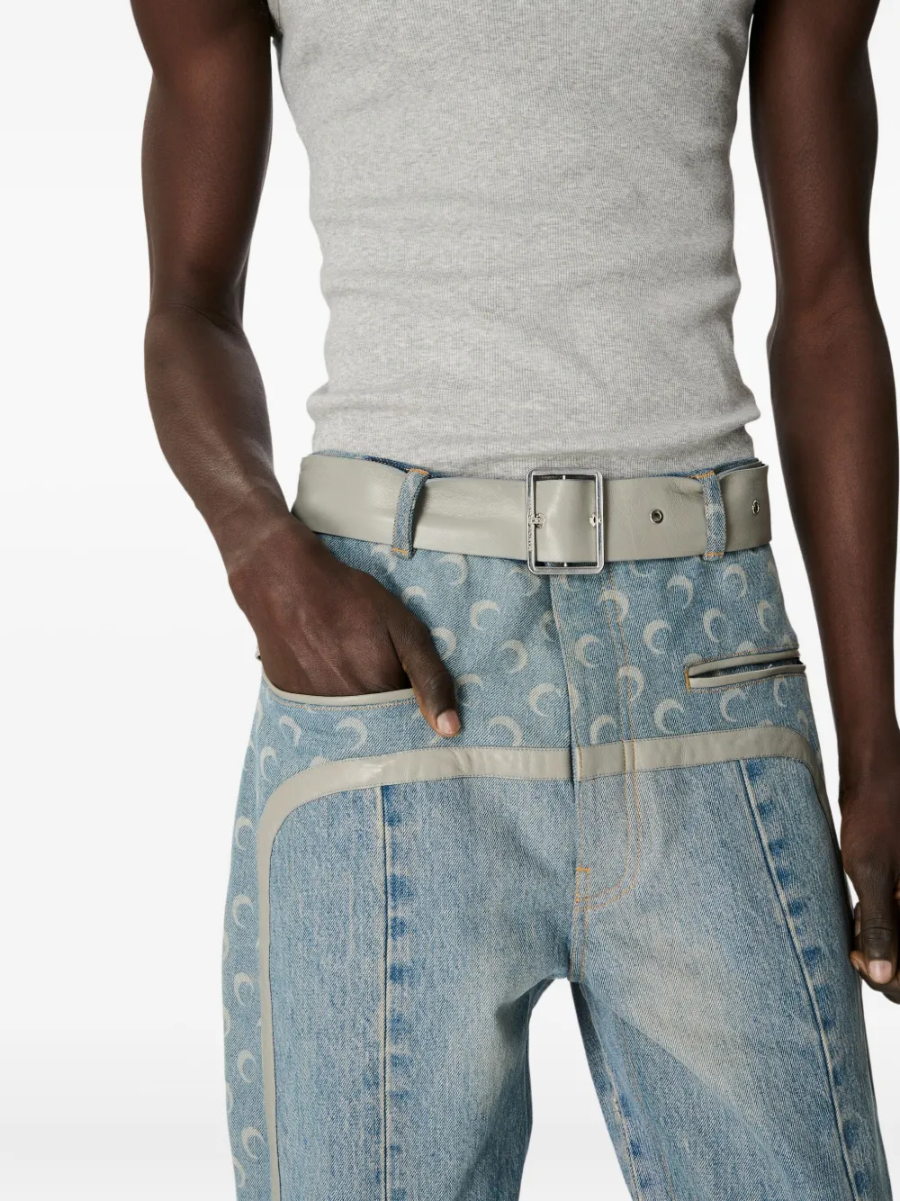 Marine Serre Belted Baggy Jeans In Blue