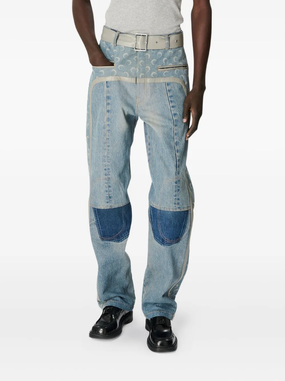 Marine Serre Belted Baggy Jeans In Blue