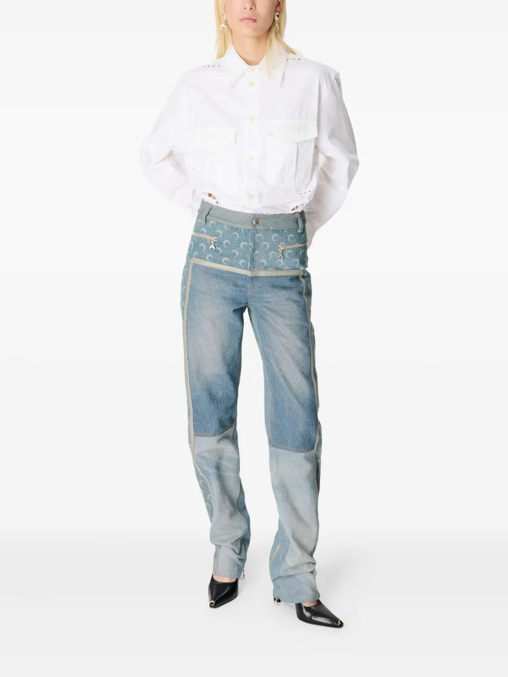 Marine Serre Jeans met maanprint en rits - Blauw