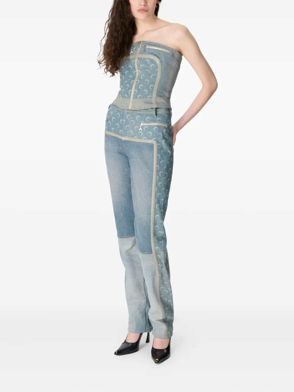 Marine Serre Jeans met maanprint en rits Blauw