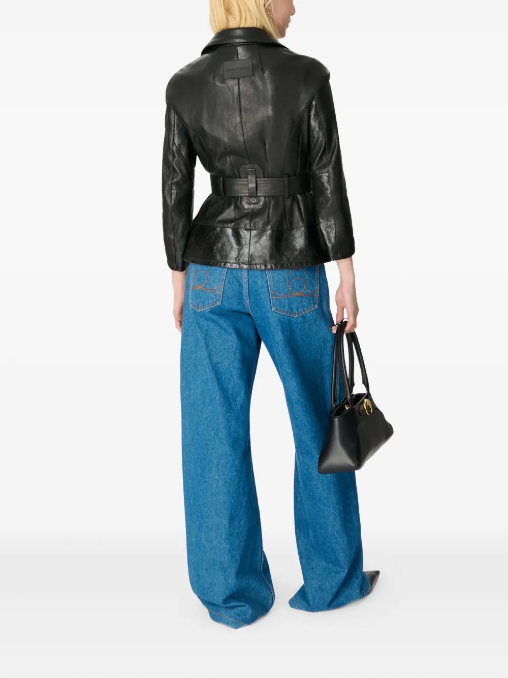 Marine Serre Belted Moon Leather Perfecto Jacket In Black