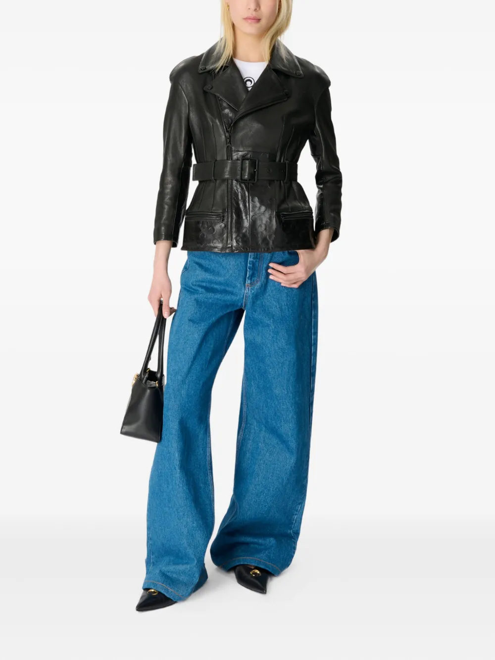 Marine Serre Belted Moon Leather Perfecto Jacket In Black