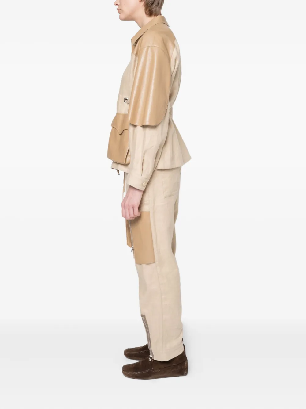 Muller Of Yoshiokubo Leather-panel Zip-detail Trousers In Neutral