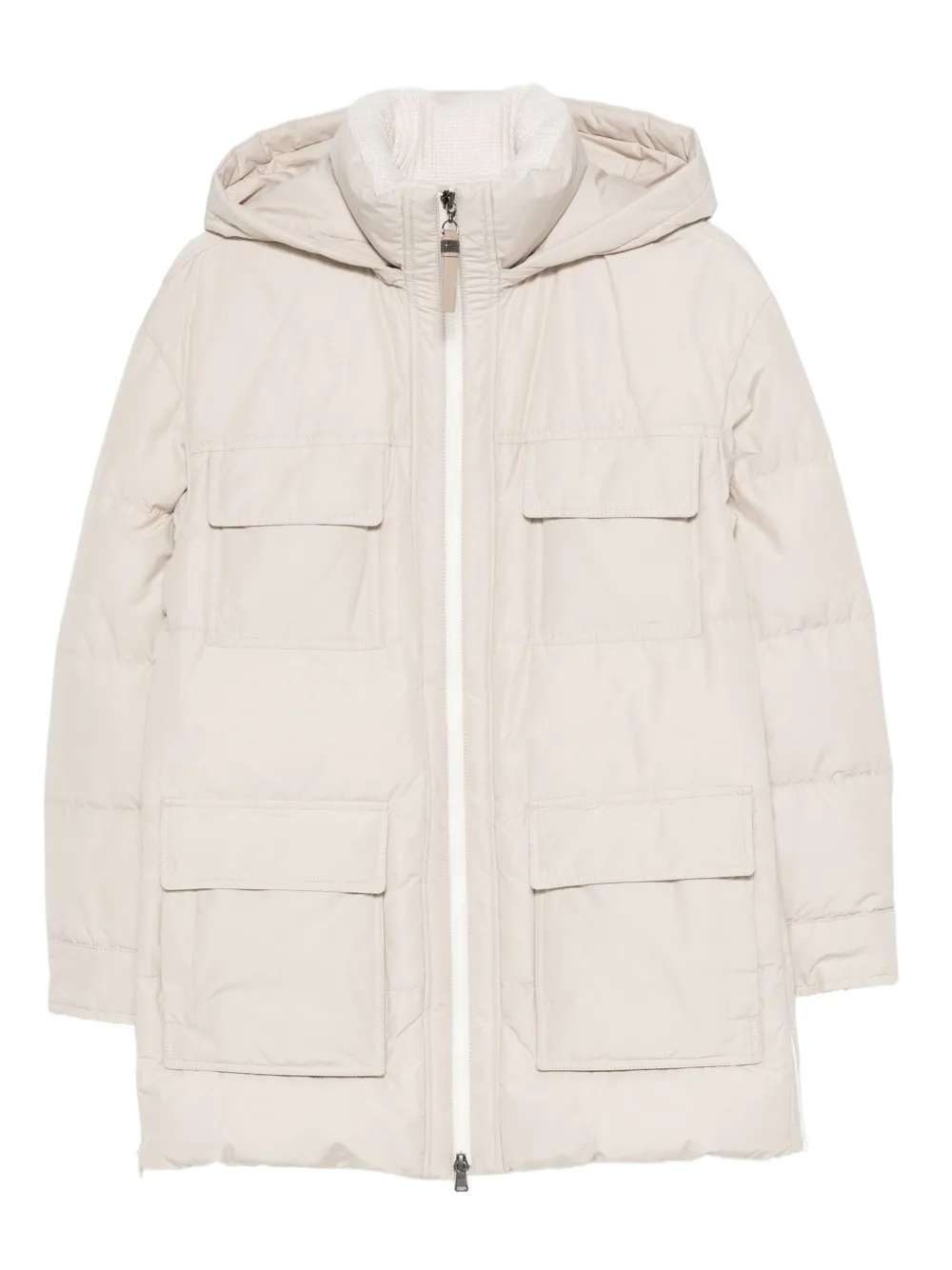 Brunello Cucinelli Donsjas met klepzak en capuchon Beige