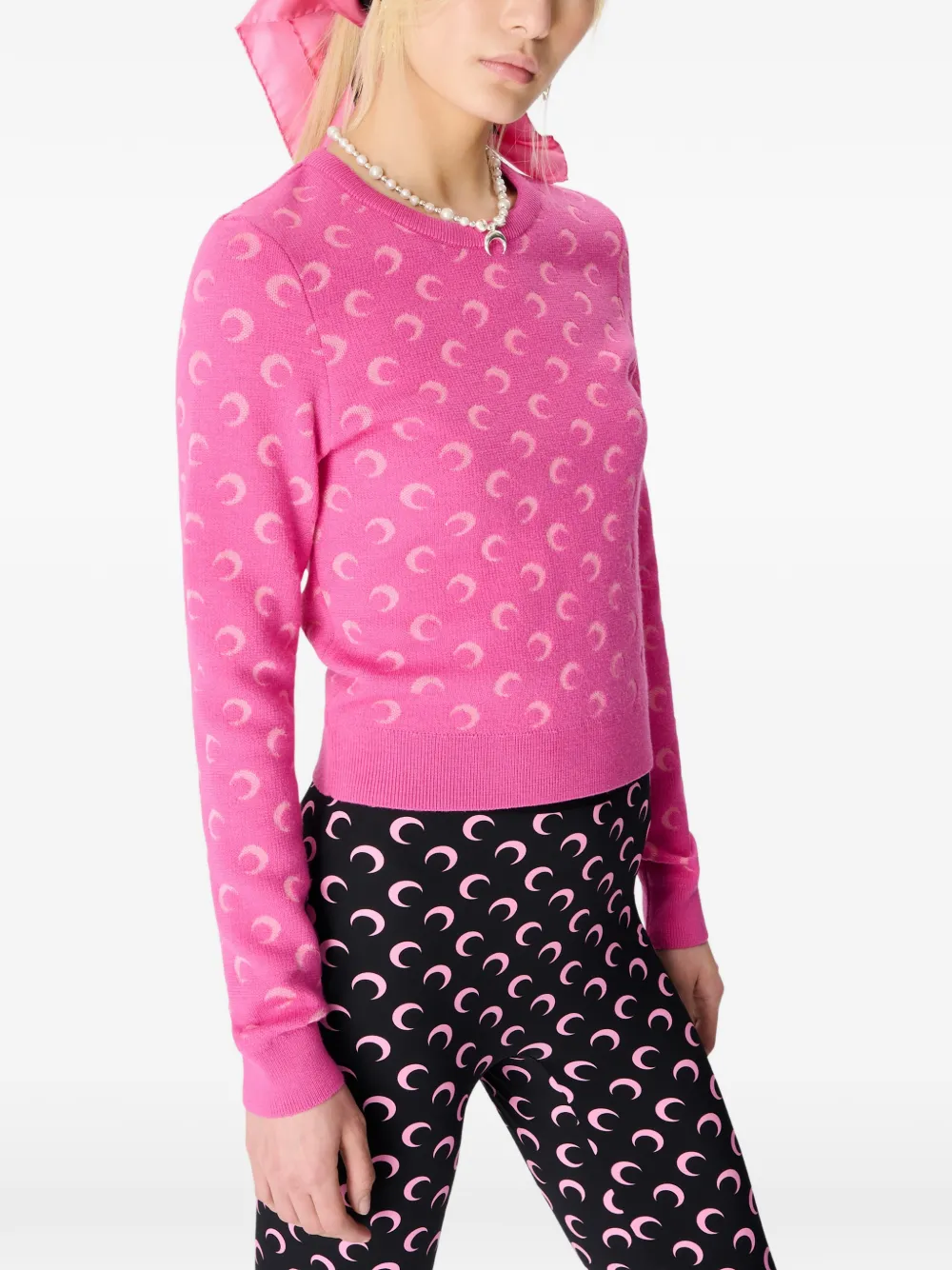 Marine Serre Moon Jacquard Knit Fitted Crewneck Sweater Woman Pink In Pink