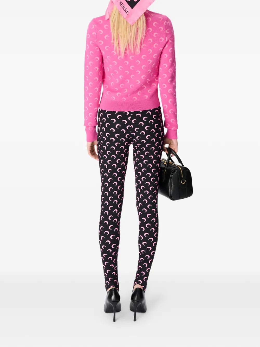 Marine Serre Moon Jacquard Knit Fitted Crewneck Sweater Woman Pink In Pink