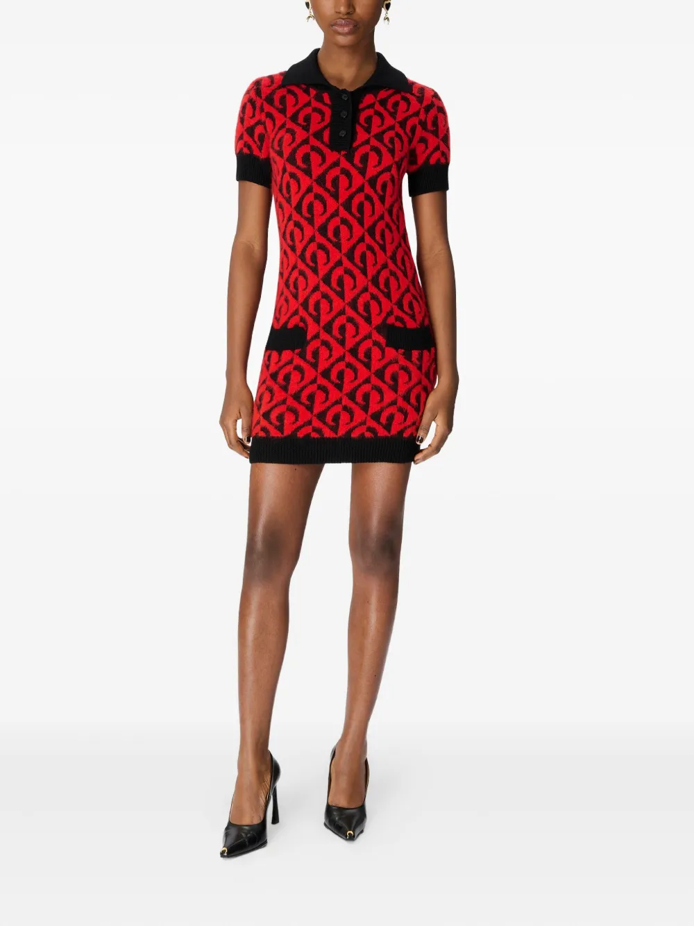 Marine Serre Moon lozenge-knit polo dress - Rood