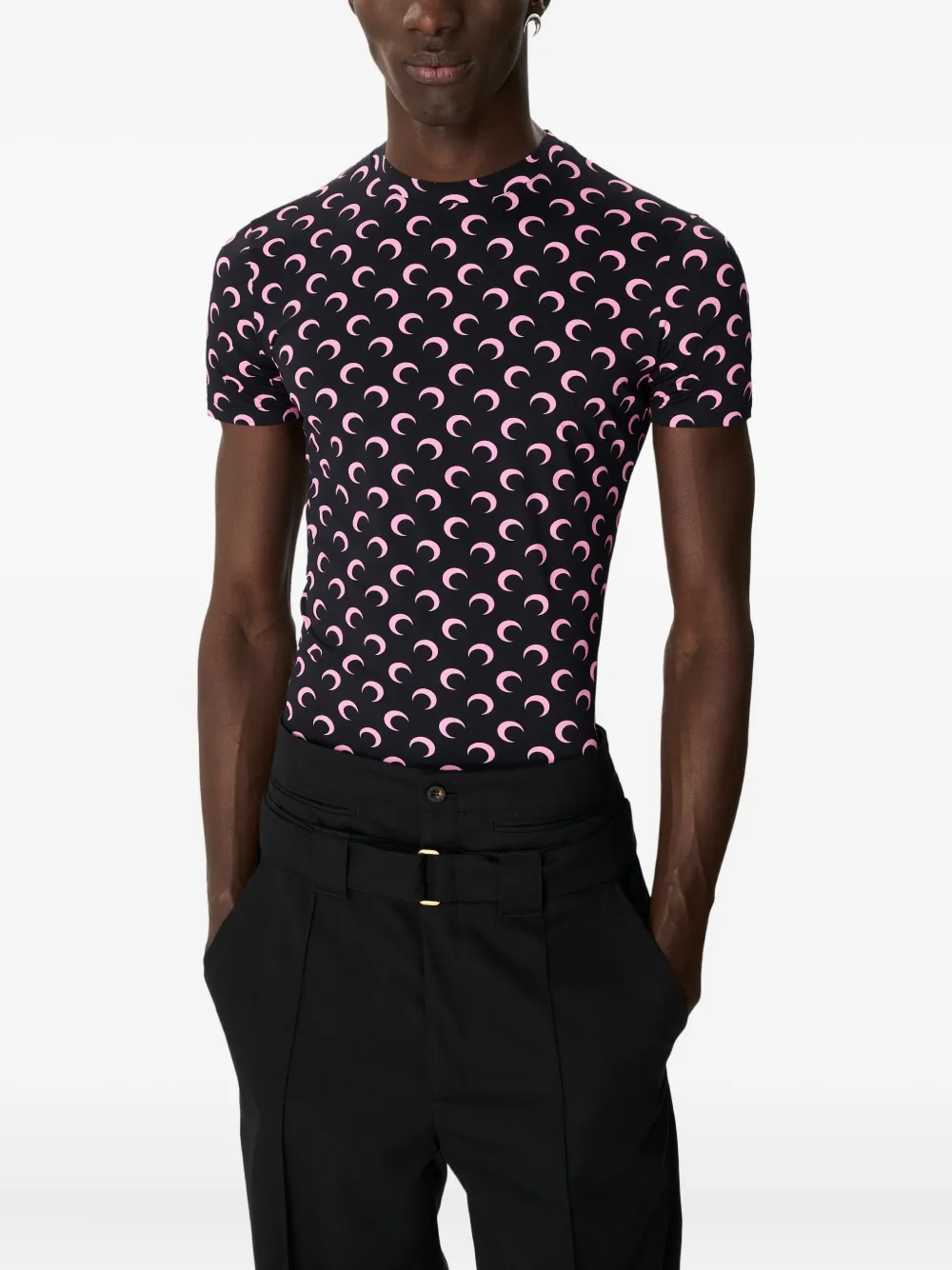 Marine Serre Moon Printed Jersey Ss Crewneck Top Woman Black In Black