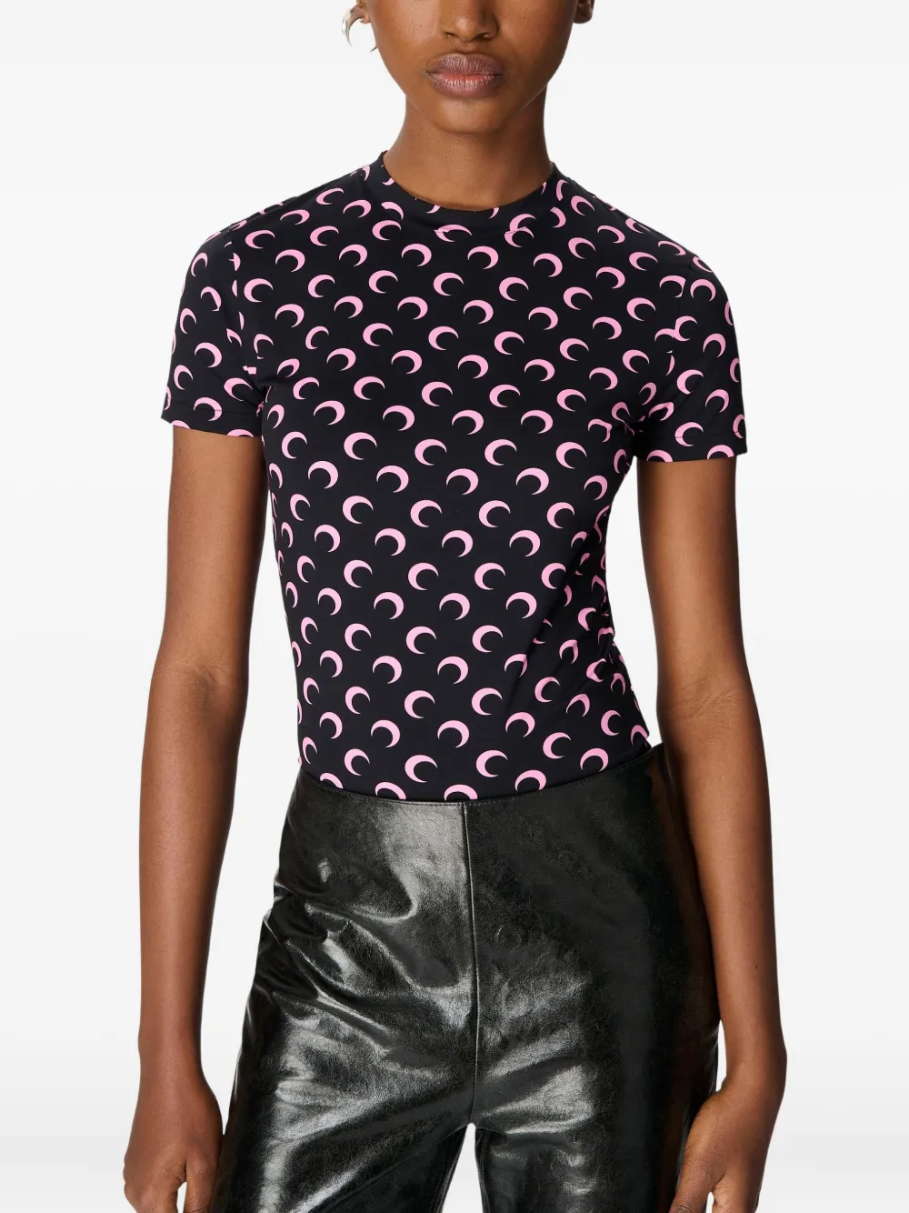 Marine Serre Moon Printed Jersey Ss Crewneck Top Woman Black In Black