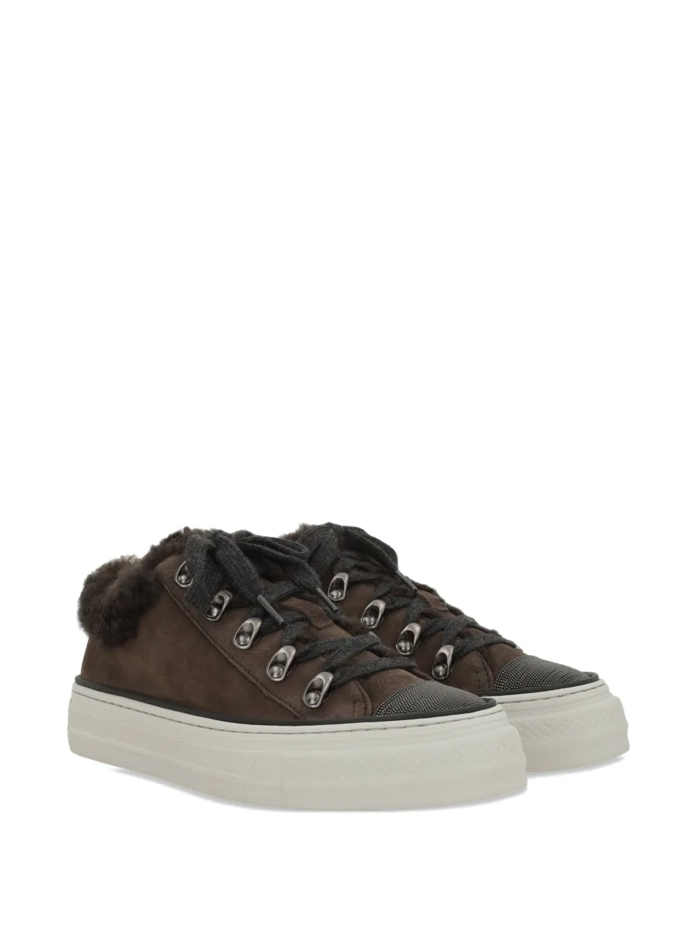 Brunello Cucinelli Shearling-trim Lace-up Sneakers In Brown